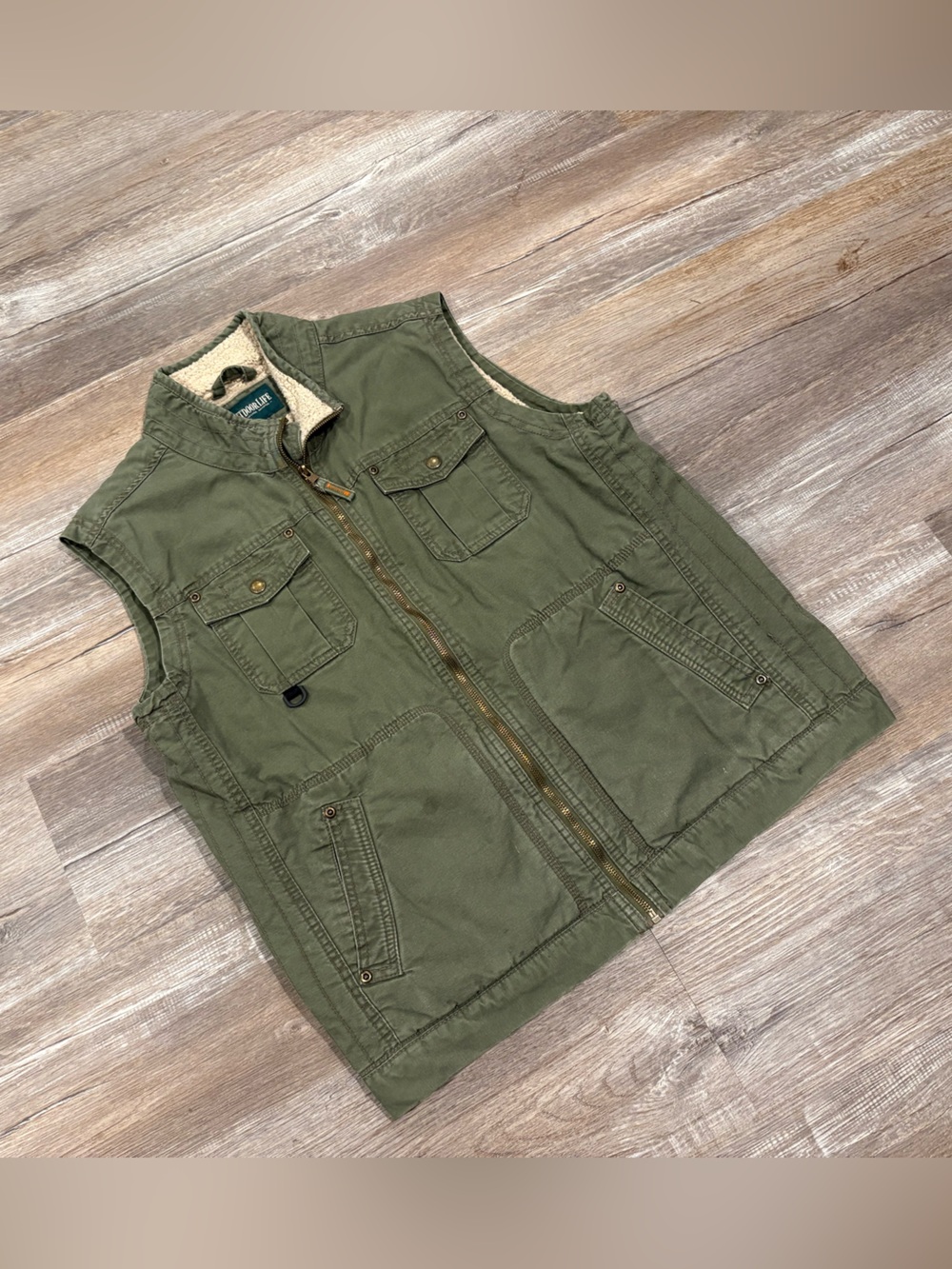 Outdoor Life Olive Green Sherpa-Lined Vest with Teal Logo Patch